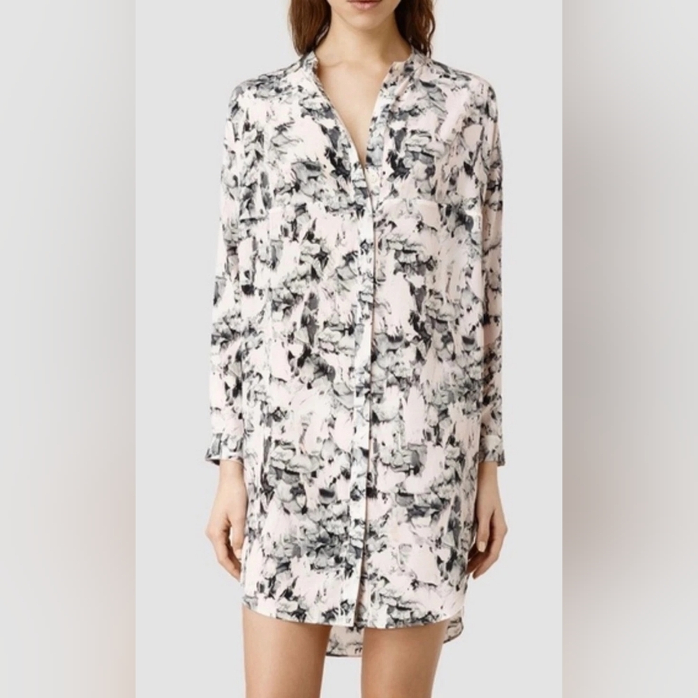 AllSaints Helle Dazzle Silk Shirt Dress Black White Print